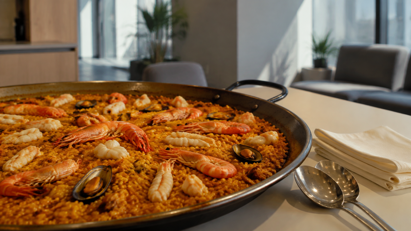Paella de marisco lista para compartir en un espacio de oficina